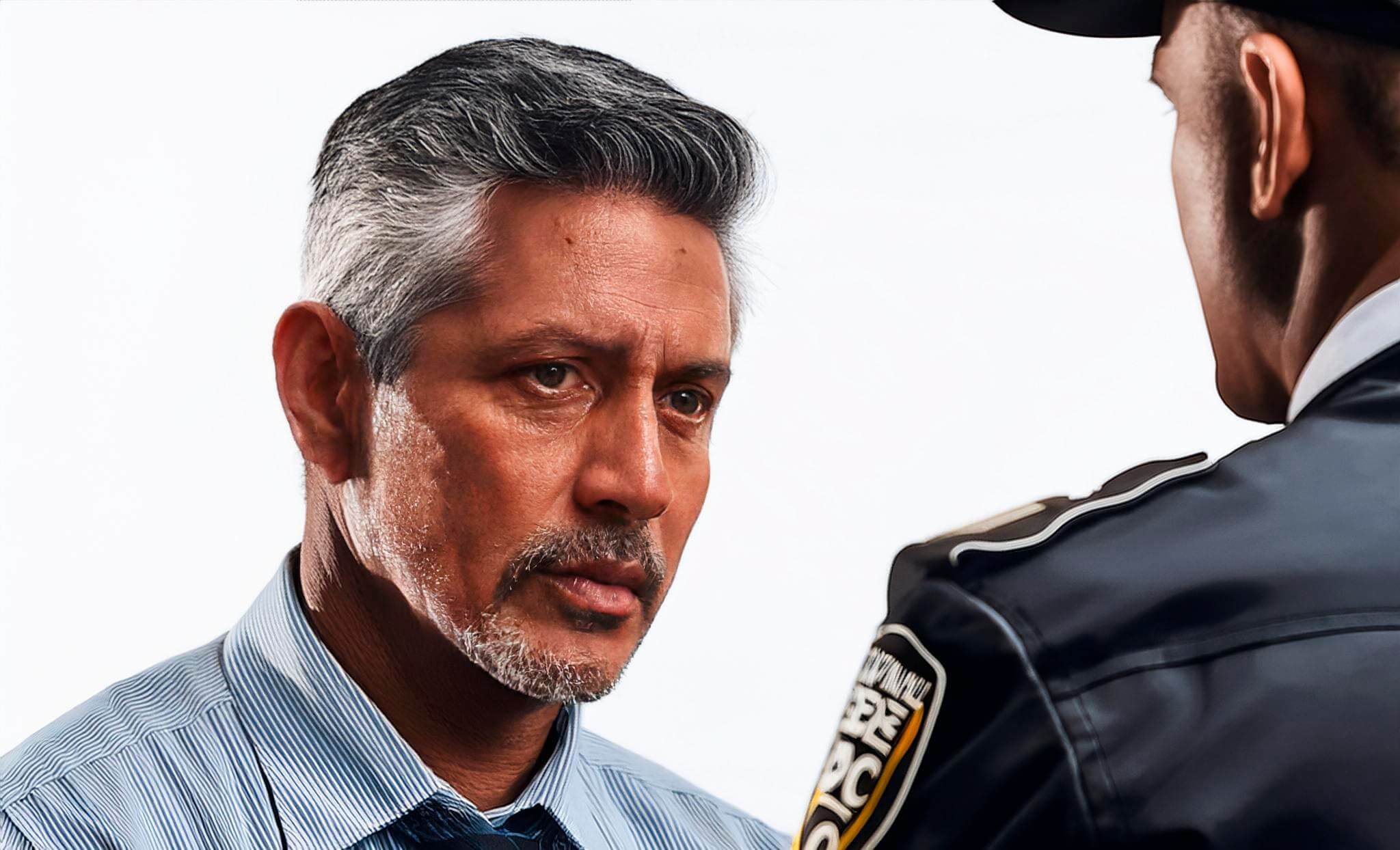 A Hispanic man talking to a police officer after being the victim of a crime