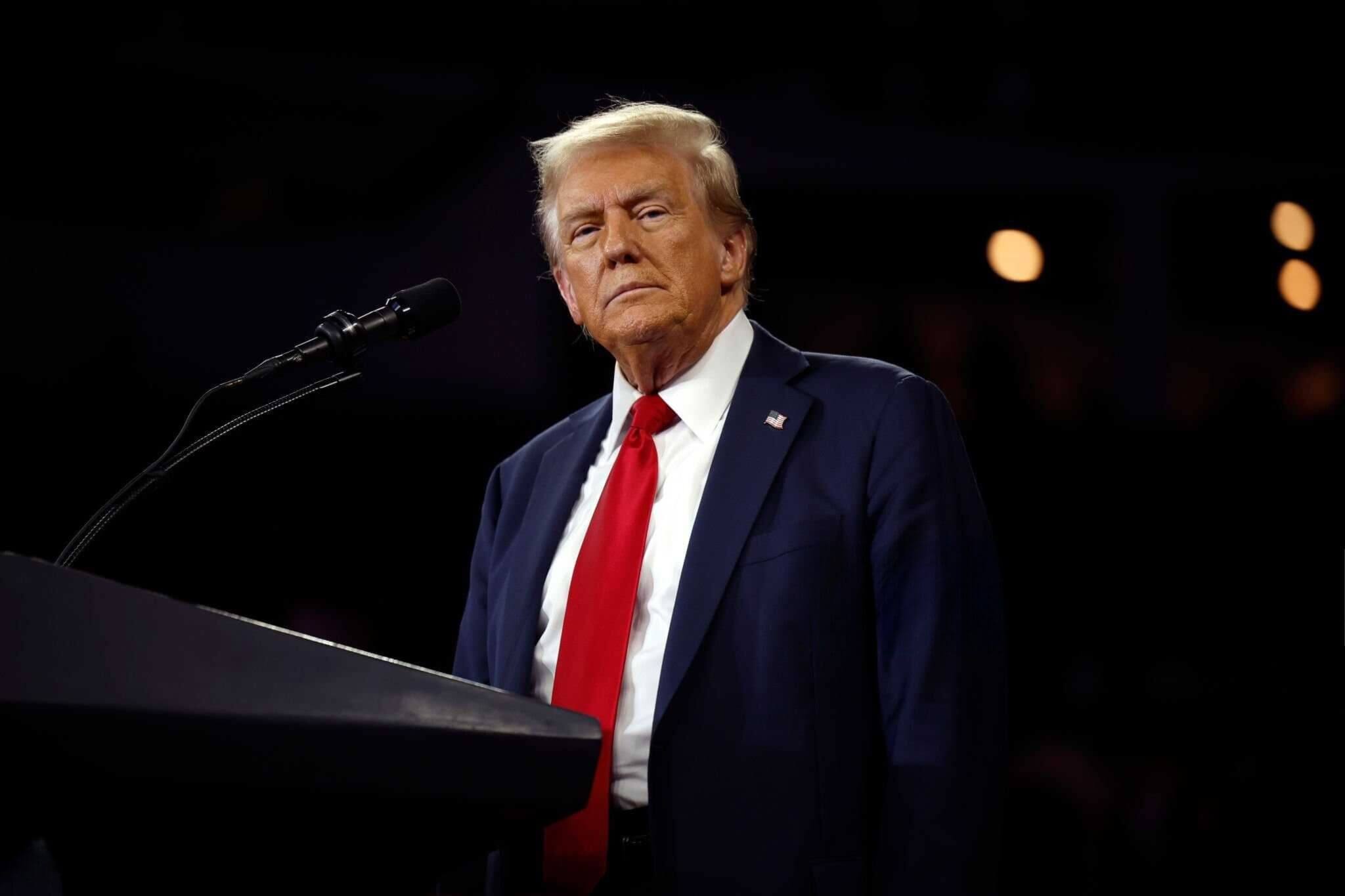 President Donald Trump looking to the side while giving his speech.