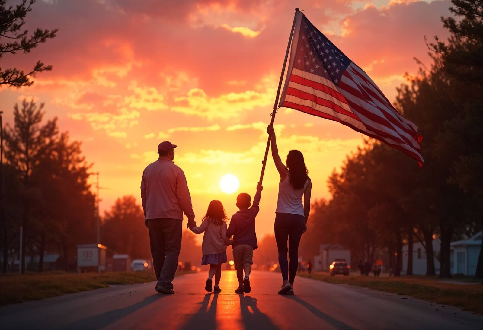 Familia caminando al atardecer con bandera de EE. UU.