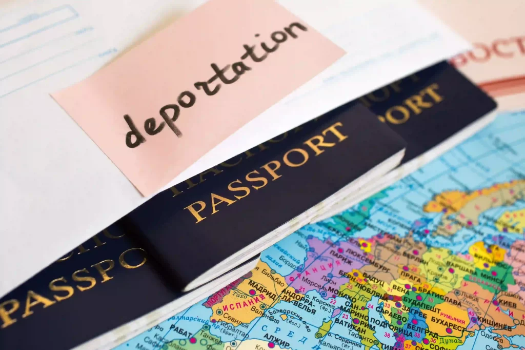 Three passports placed over a world map with a post it note that reads "Deportation"