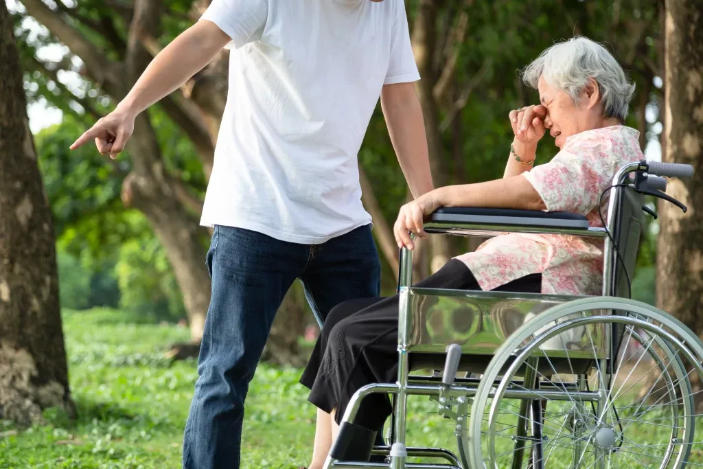 Elderly woman being yelled at by her grandson